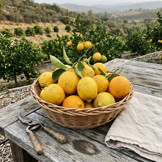 Basket of just-picked Meyer lemons on a wooden table