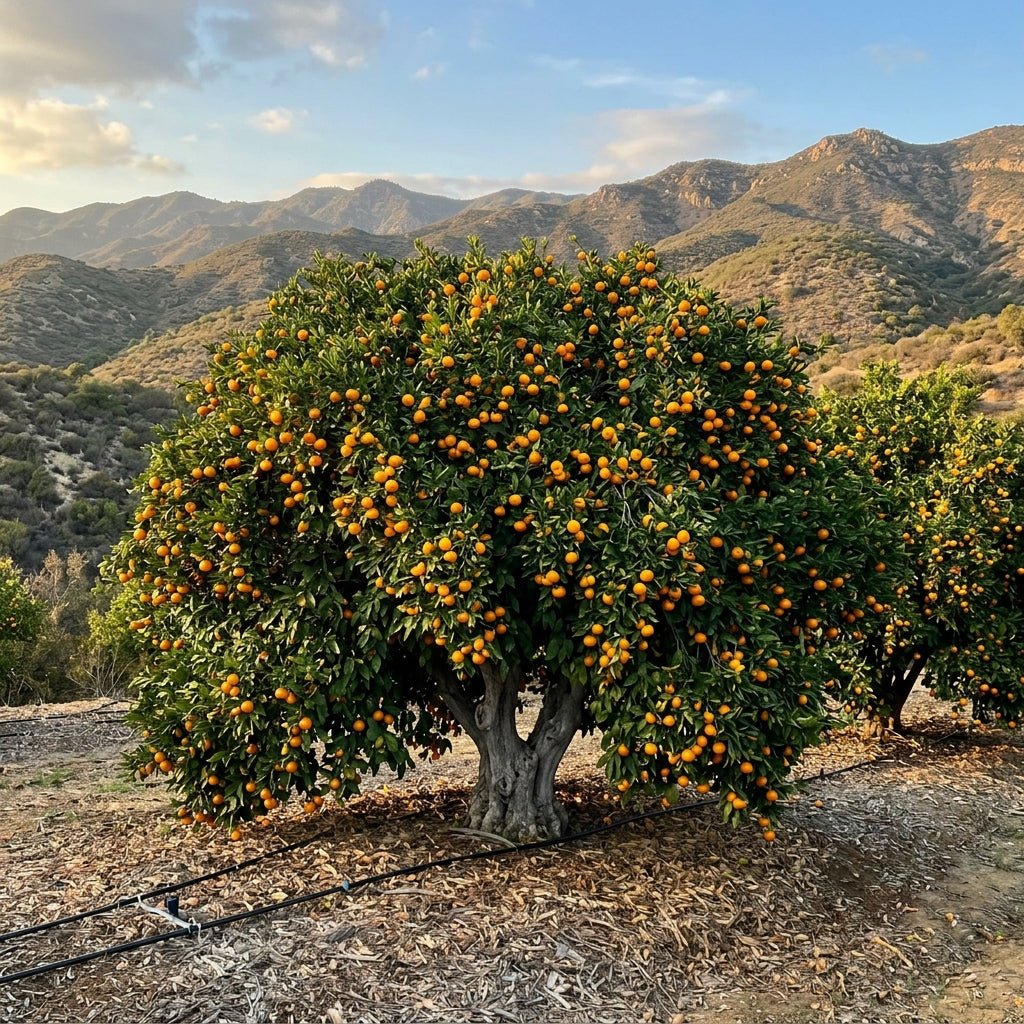 Mature Satsuma mandarin tree loaded with fruit in the Zephyr Mountain Grove hillside orchard