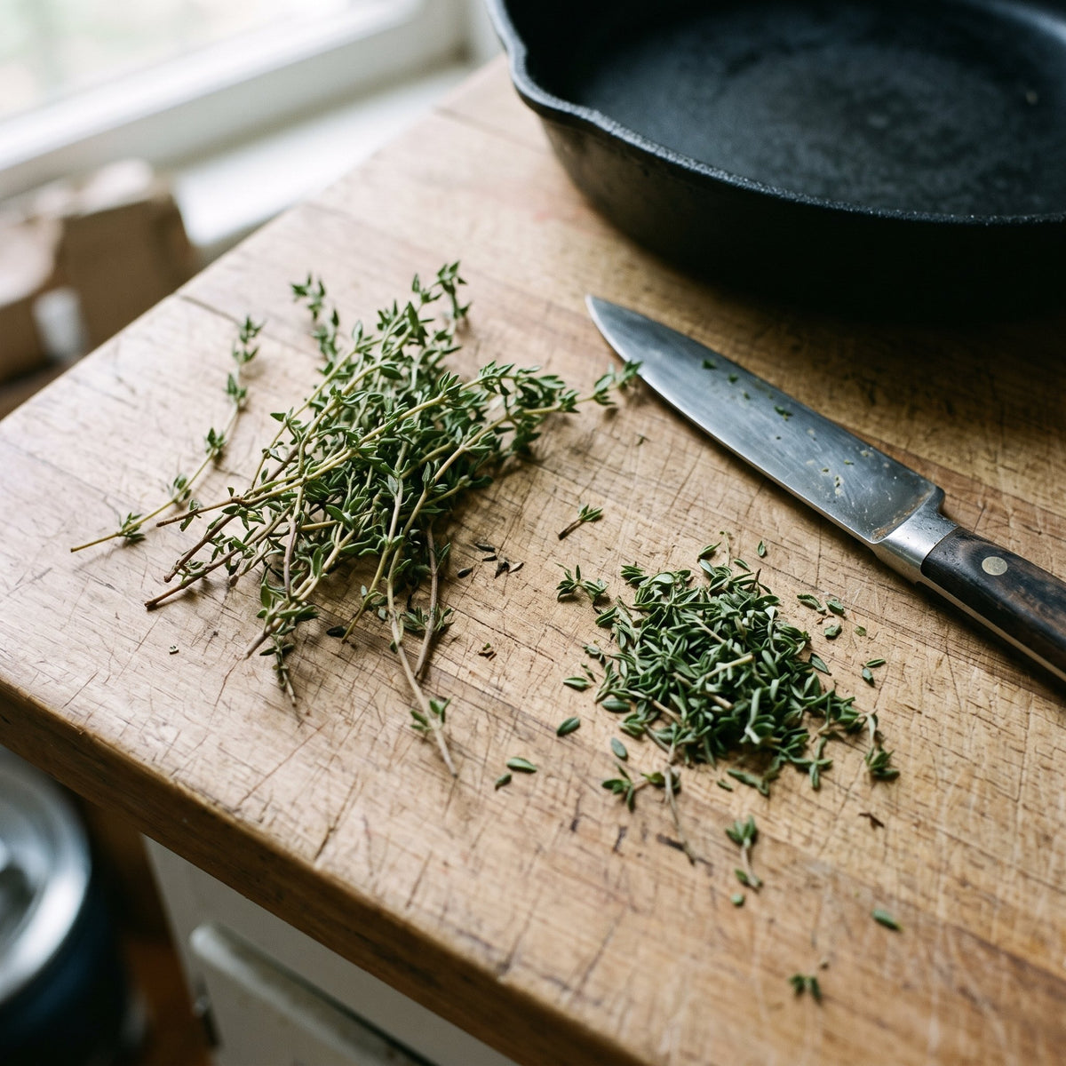 Fresh thyme on a cutting board
