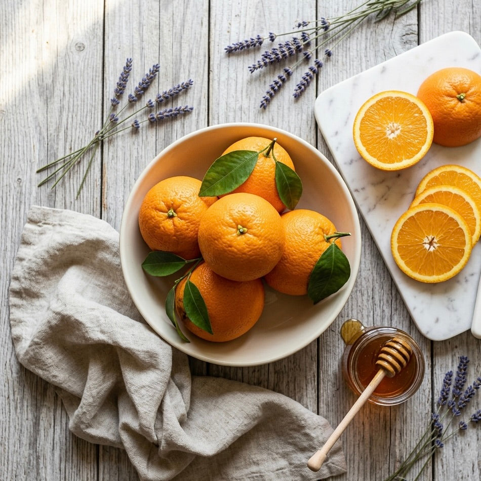 Bowl of navel oranges with sliced orange, honey and lavender