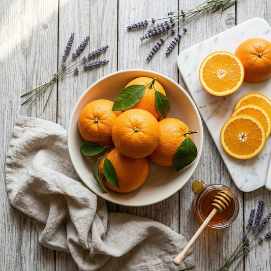 Bowl of navel oranges with sliced orange, honey and lavender