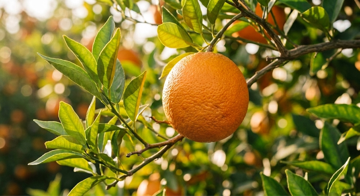 Navel orange on the tree in the Zephyr Mountain grove