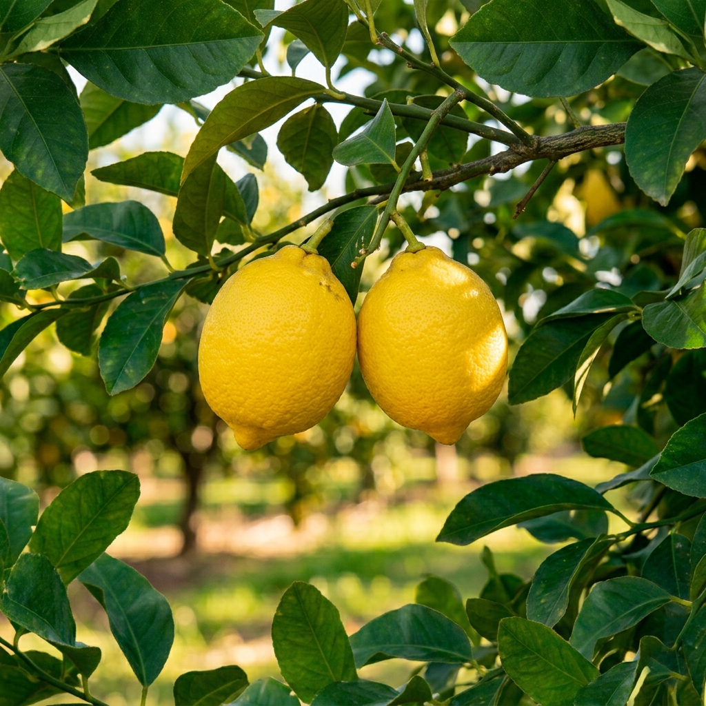 Eureka lemons on the tree in the Zephyr Mountain grove