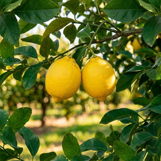 Eureka lemons on the tree in the Zephyr Mountain grove