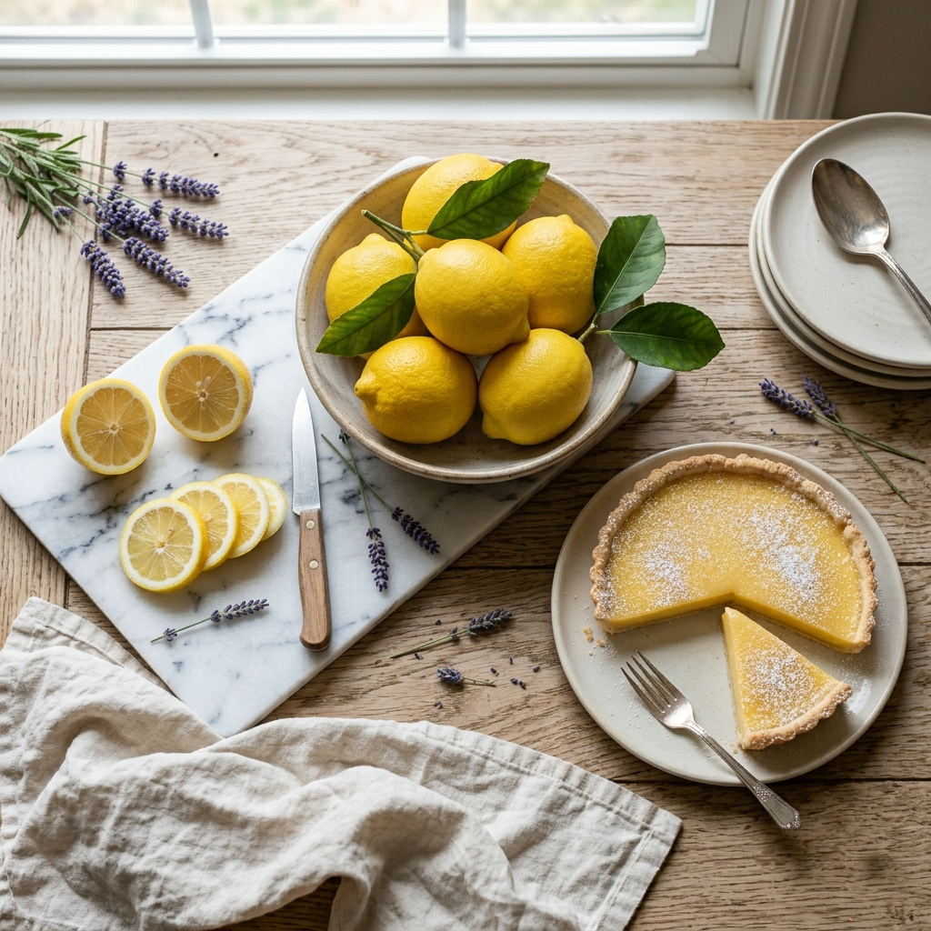 Bowl of Eureka lemons with sliced lemon and lemon tart