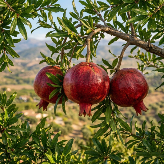 Pomegranates hanging on the tree above the valley