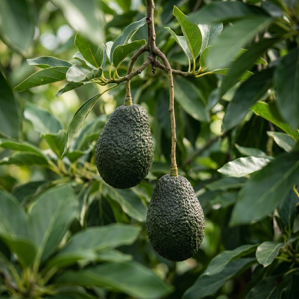 Avocados hanging on the tree in the Zephyr Mountain grove