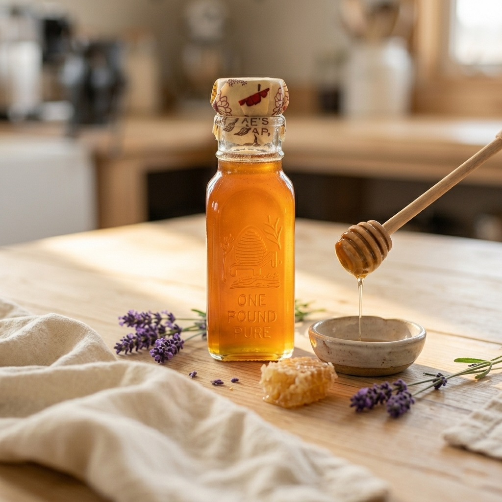 Zephyr Mountain honey in a one-pound glass jar with a honey dipper and lavender