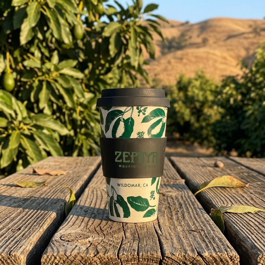 Zephyr Mountain Grove cup on a picnic table in the avocado grove at golden hour