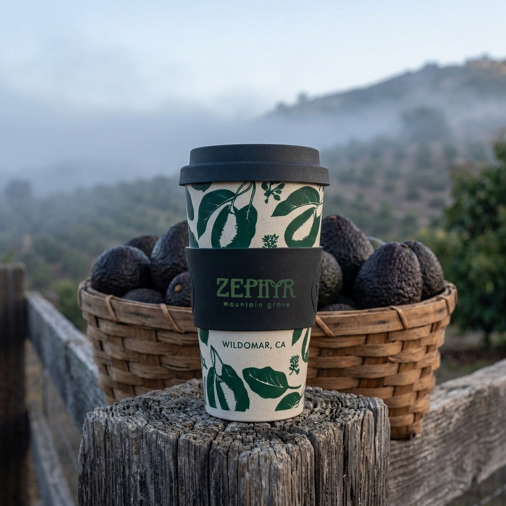 Zephyr Mountain Grove cup on a fence post with a basket of Hass avocados, morning fog