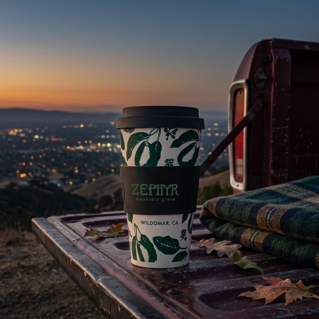 Zephyr Mountain Grove cup on a truck tailgate at dusk above the valley lights