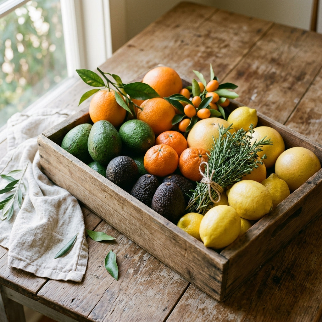 Wooden crate of avocados, oranges, satsumas, kumquats, grapefruit, lemons and herbs