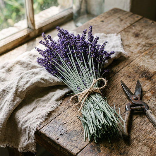Bunch of fresh-cut lavender tied with twine beside garden snips