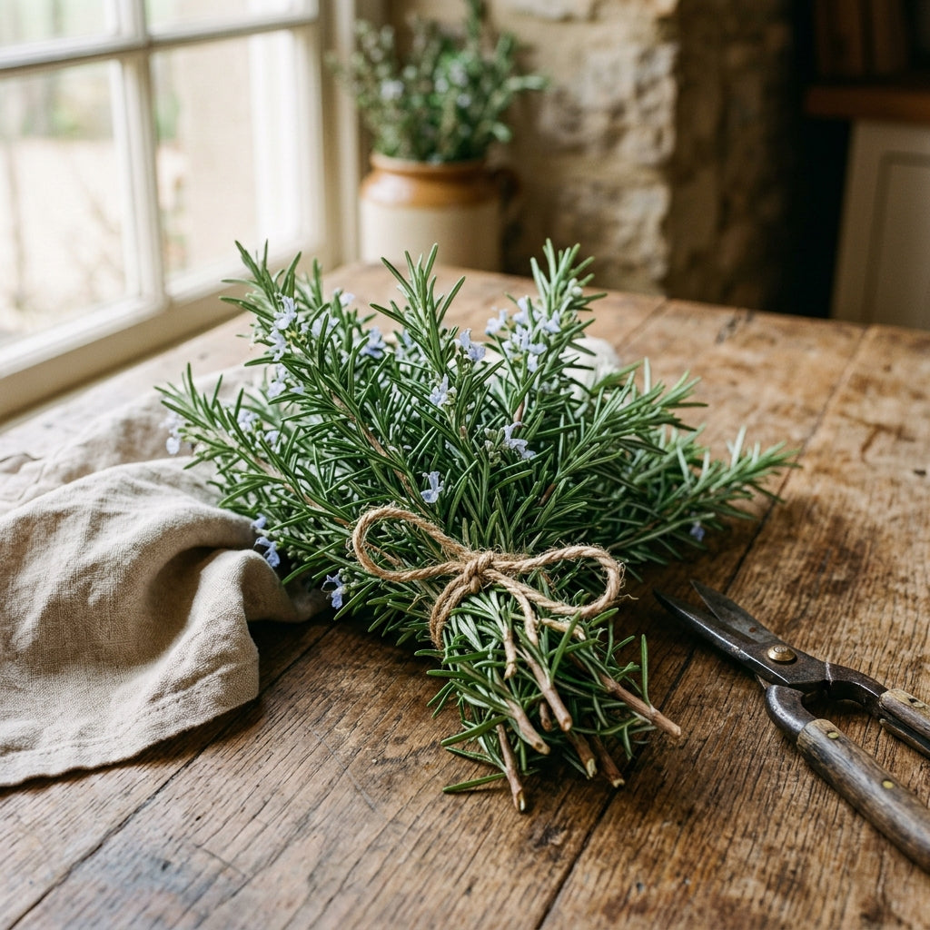 Bunch of fresh-cut rosemary tied with twine
