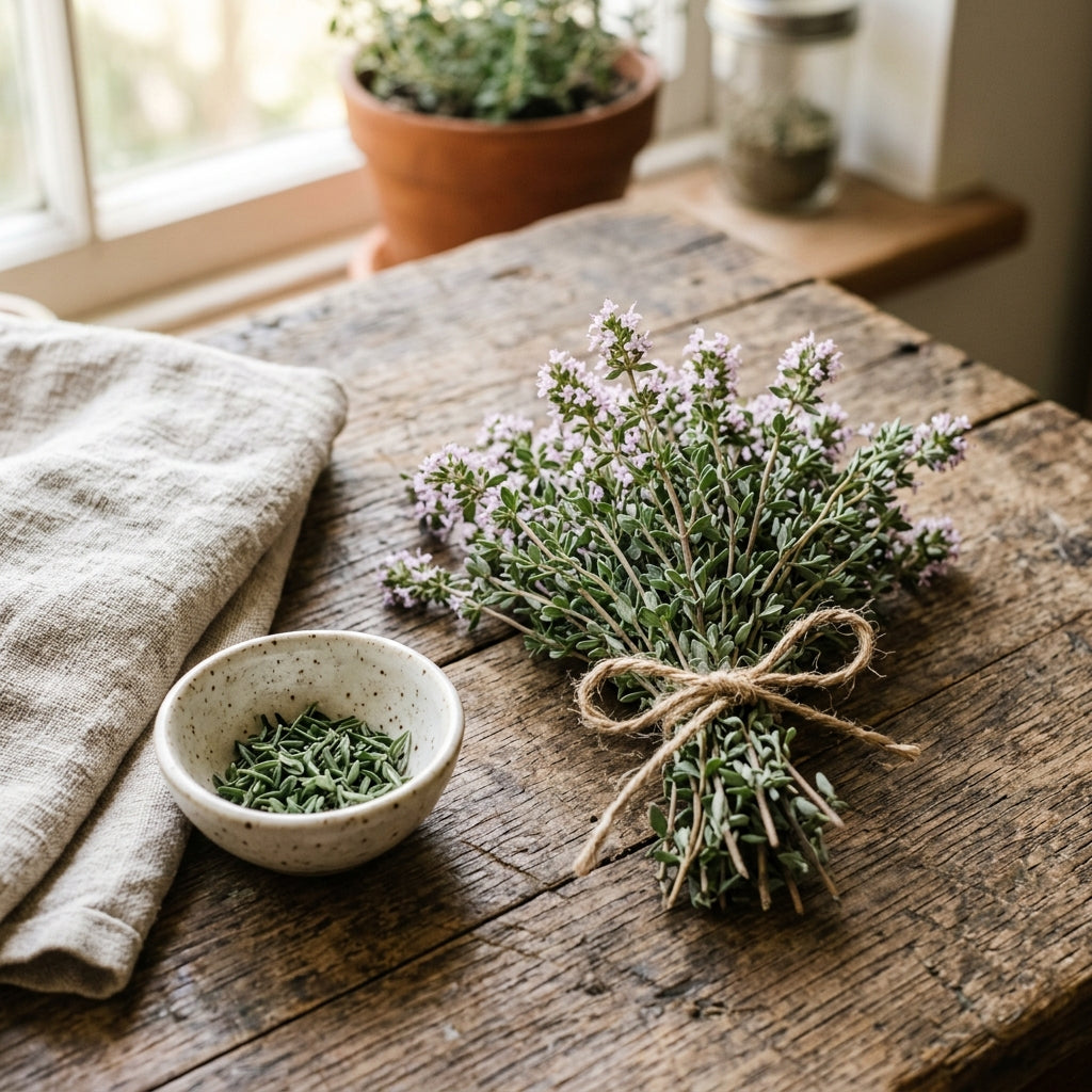 Bunch of fresh thyme in flower tied with twine