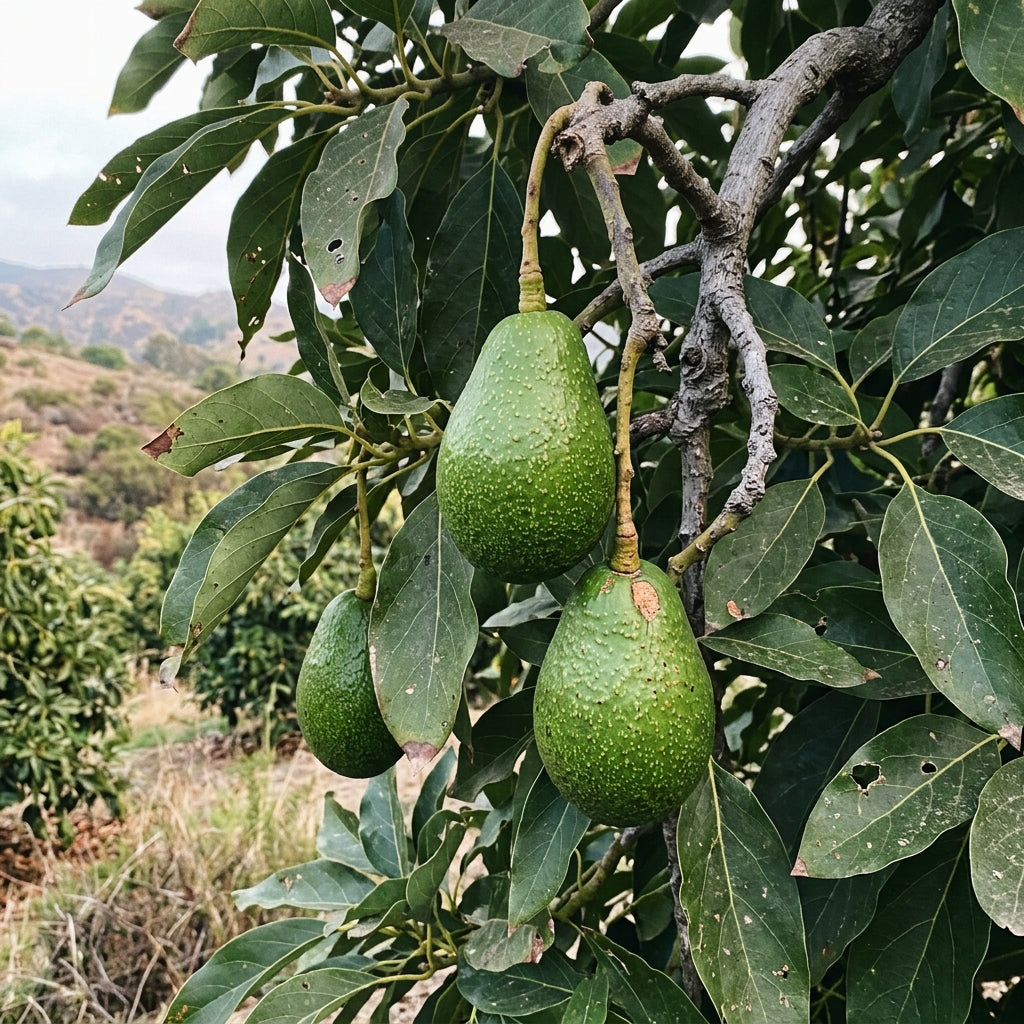 Fuerte avocados growing on the tree in the Zephyr Mountain grove