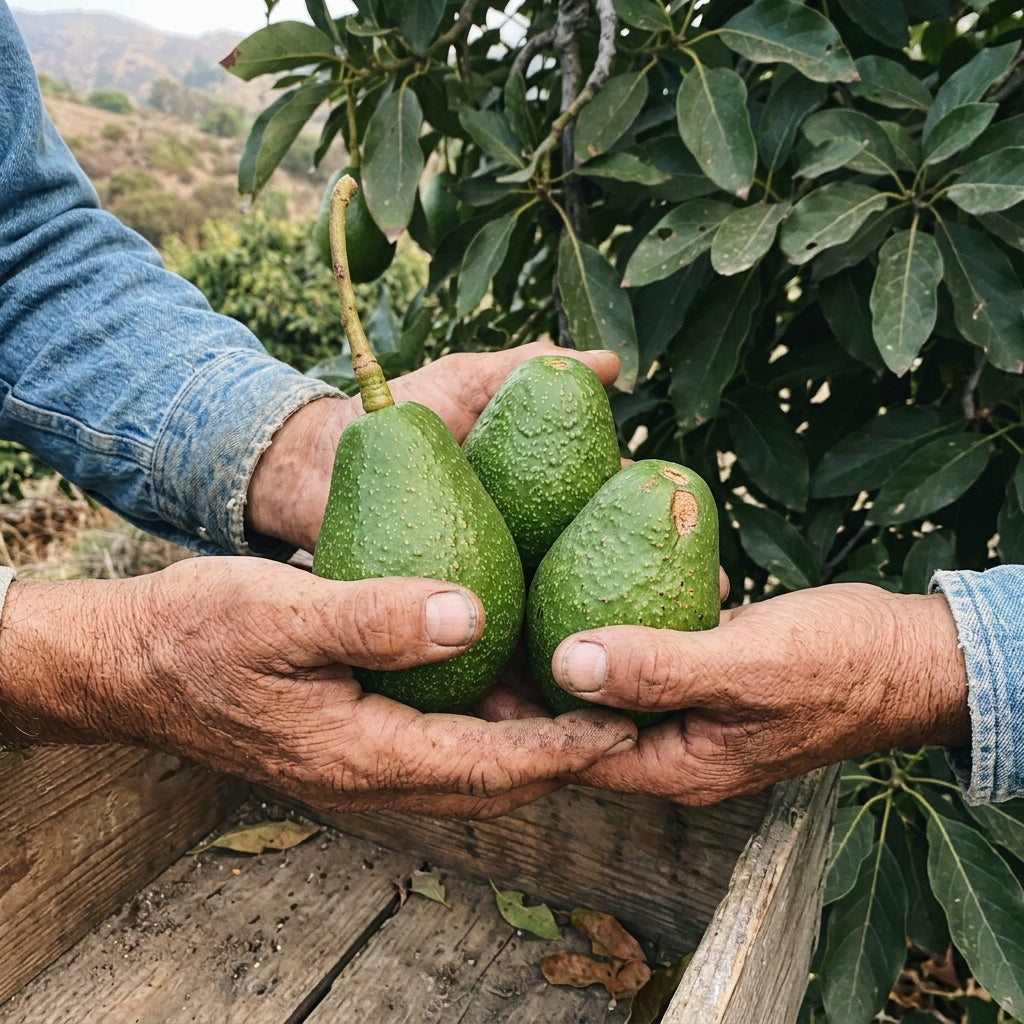 Hands holding just-picked Fuerte avocados over a picking crate