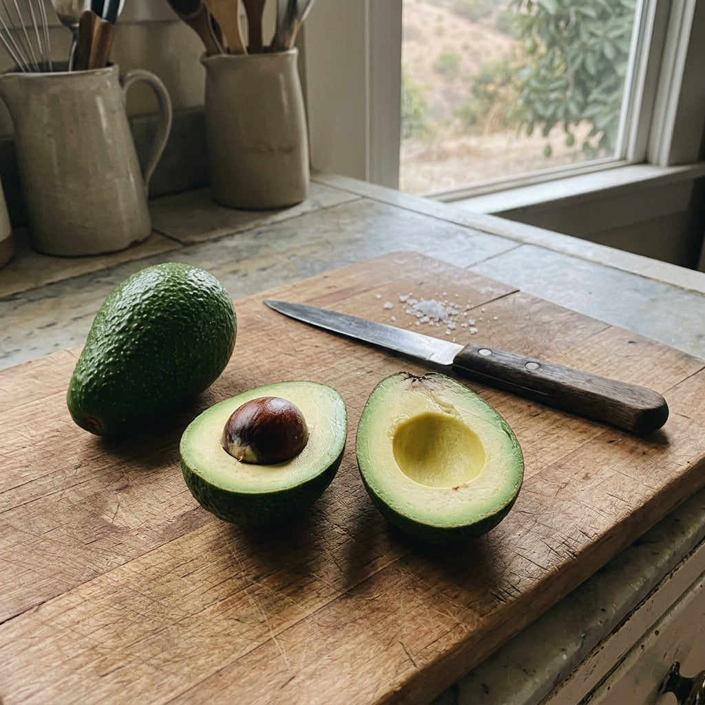 Fuerte avocado cut in half on a wooden cutting board
