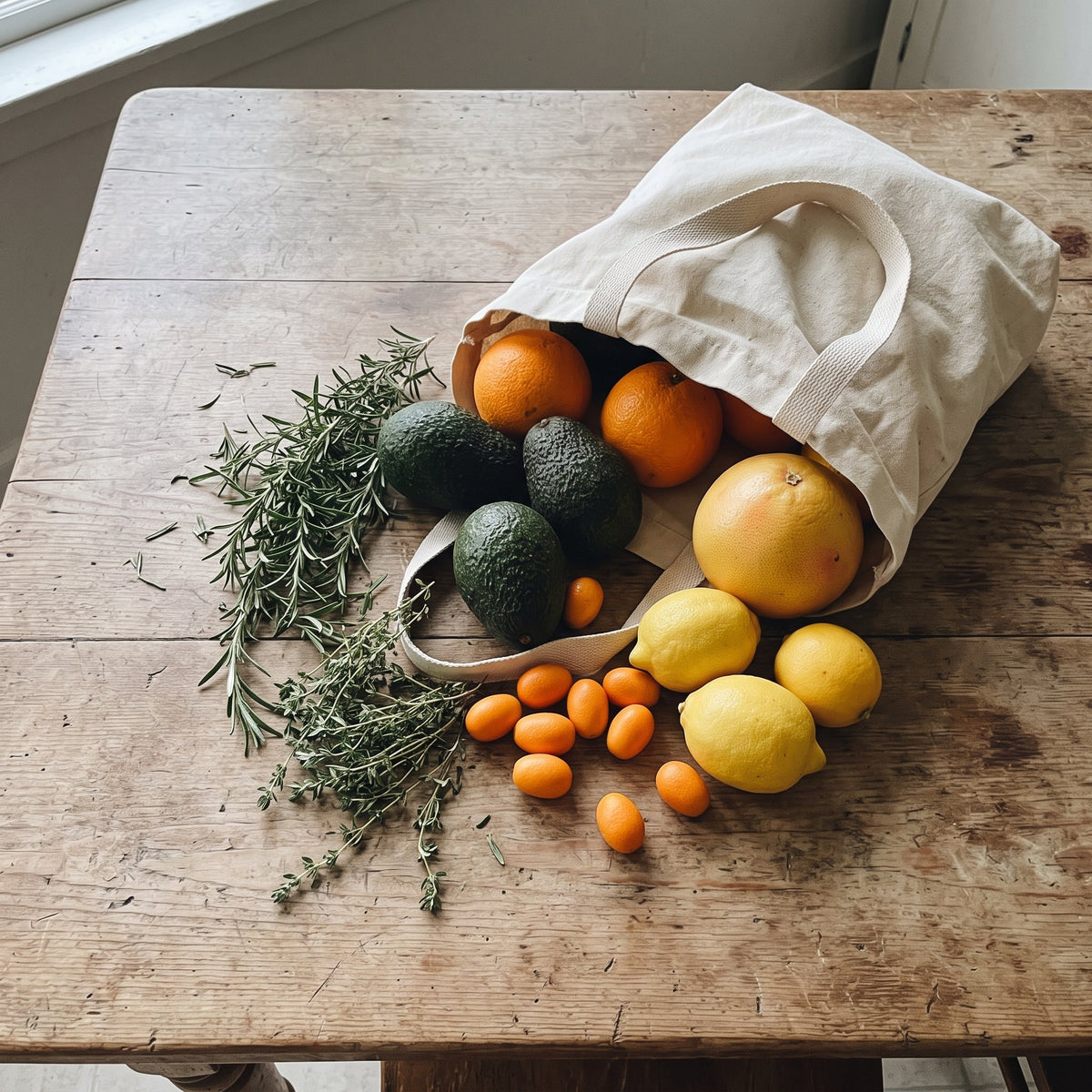 Farm Membership Bag unpacked on a kitchen table