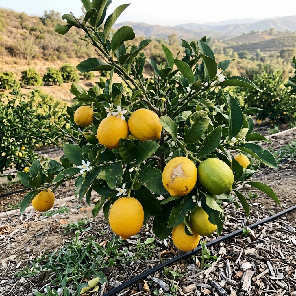 Meyer lemons ripening on a small tree at Zephyr Mountain