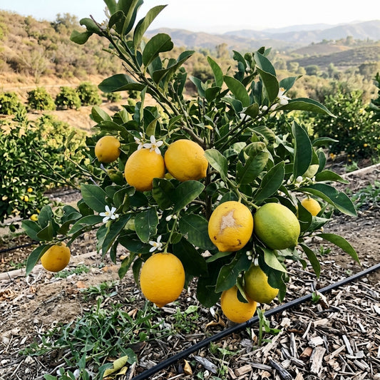 Meyer lemons ripening on a small tree at Zephyr Mountain