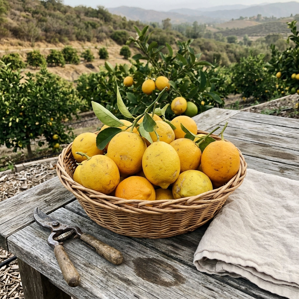 Basket of just-picked Meyer lemons on a wooden table