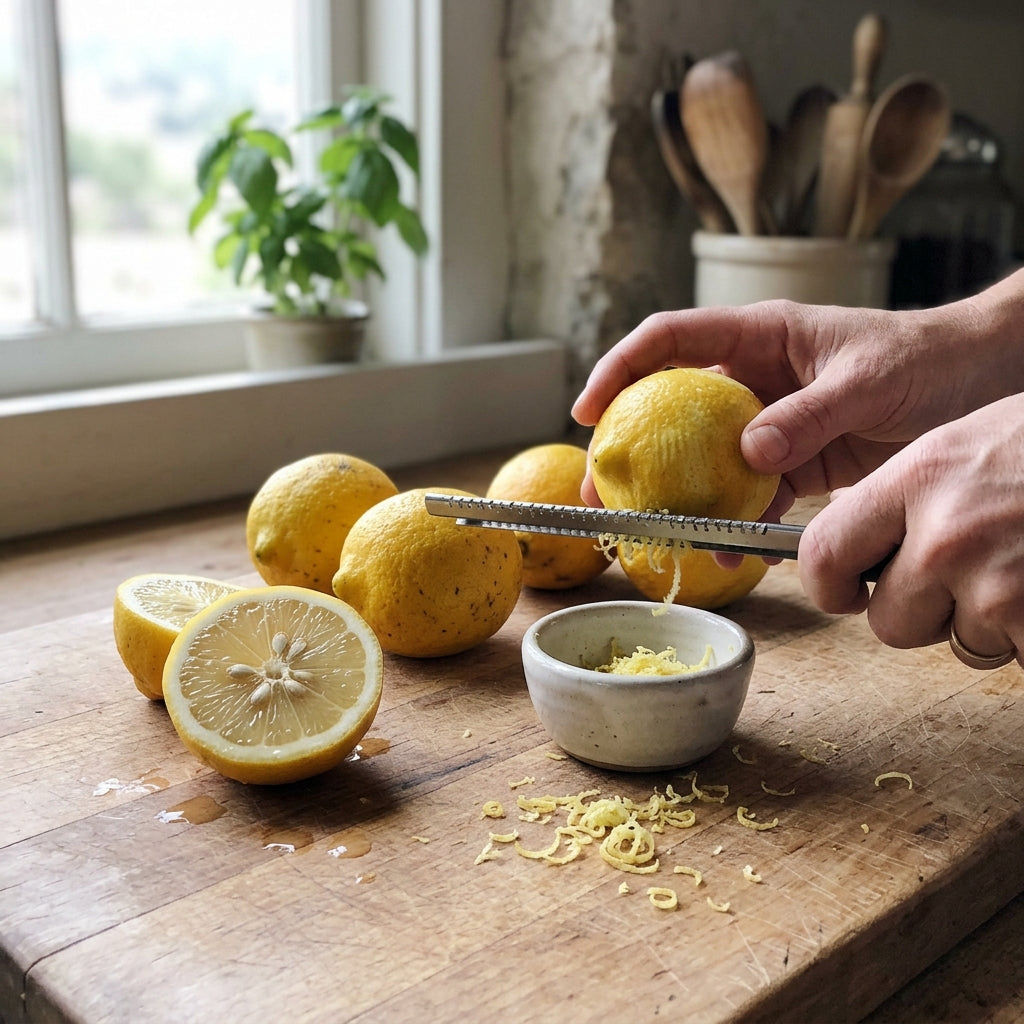 Meyer lemon being zested in a farmhouse kitchen
