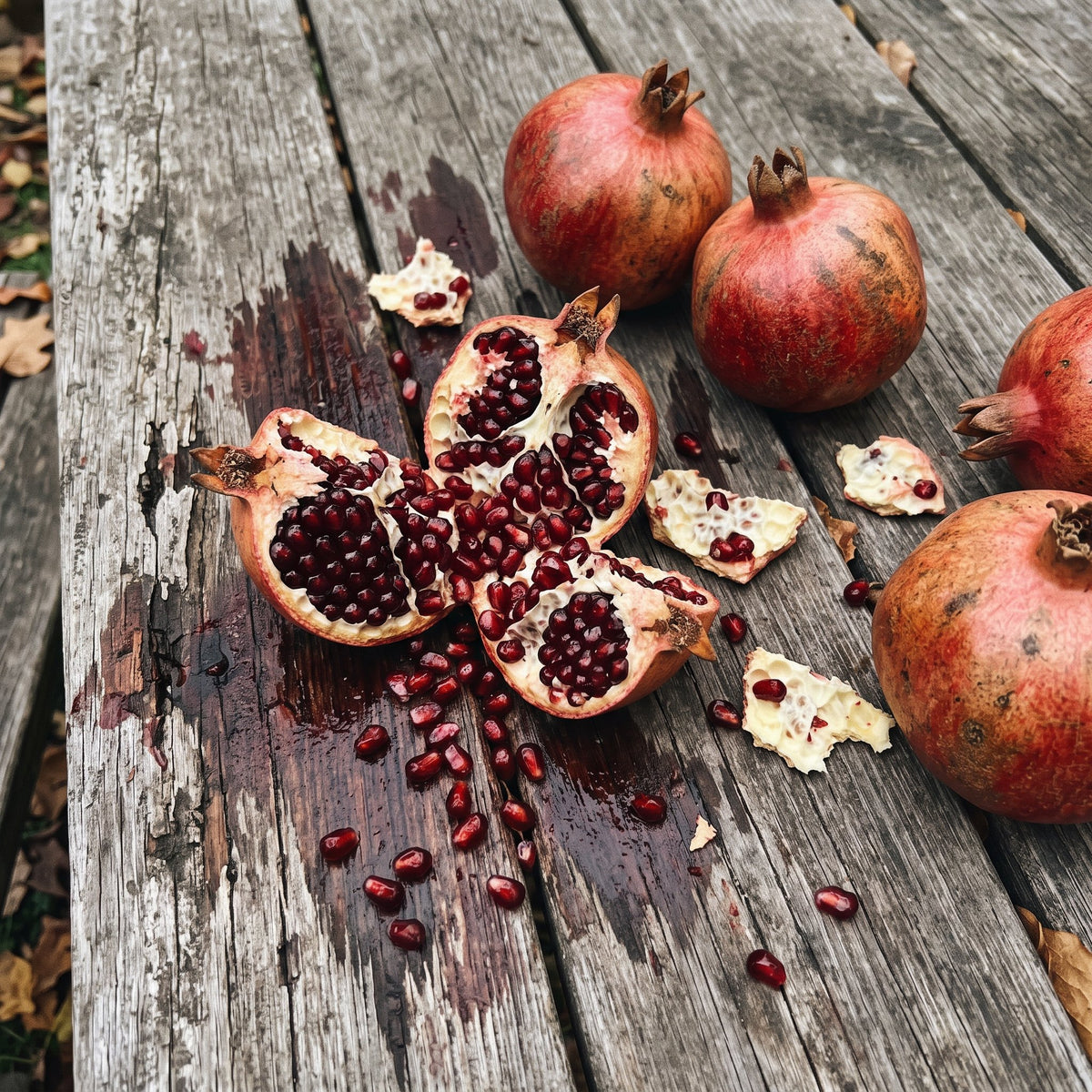 Pomegranate broken open on a wooden table