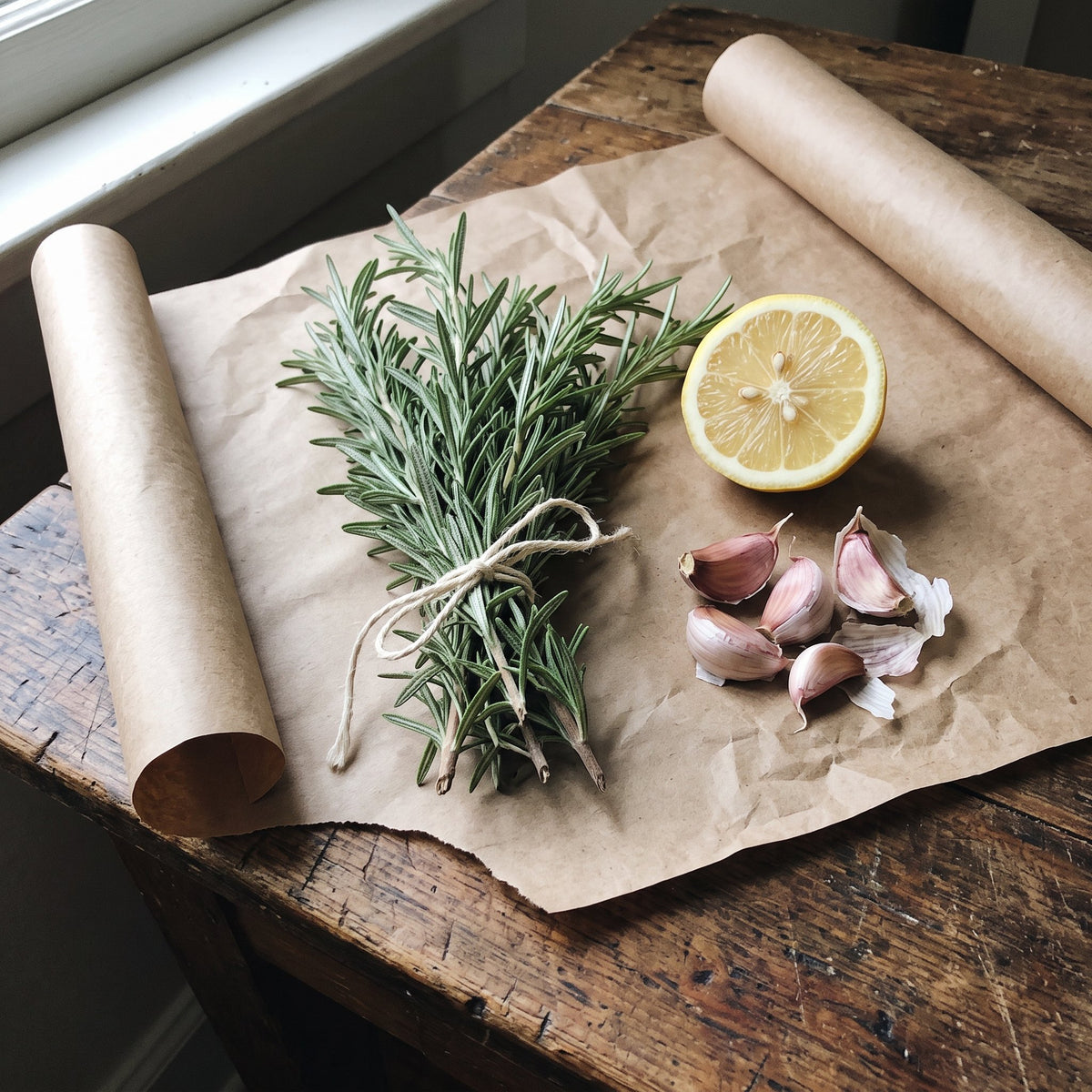 Bundle of fresh rosemary with lemon and garlic
