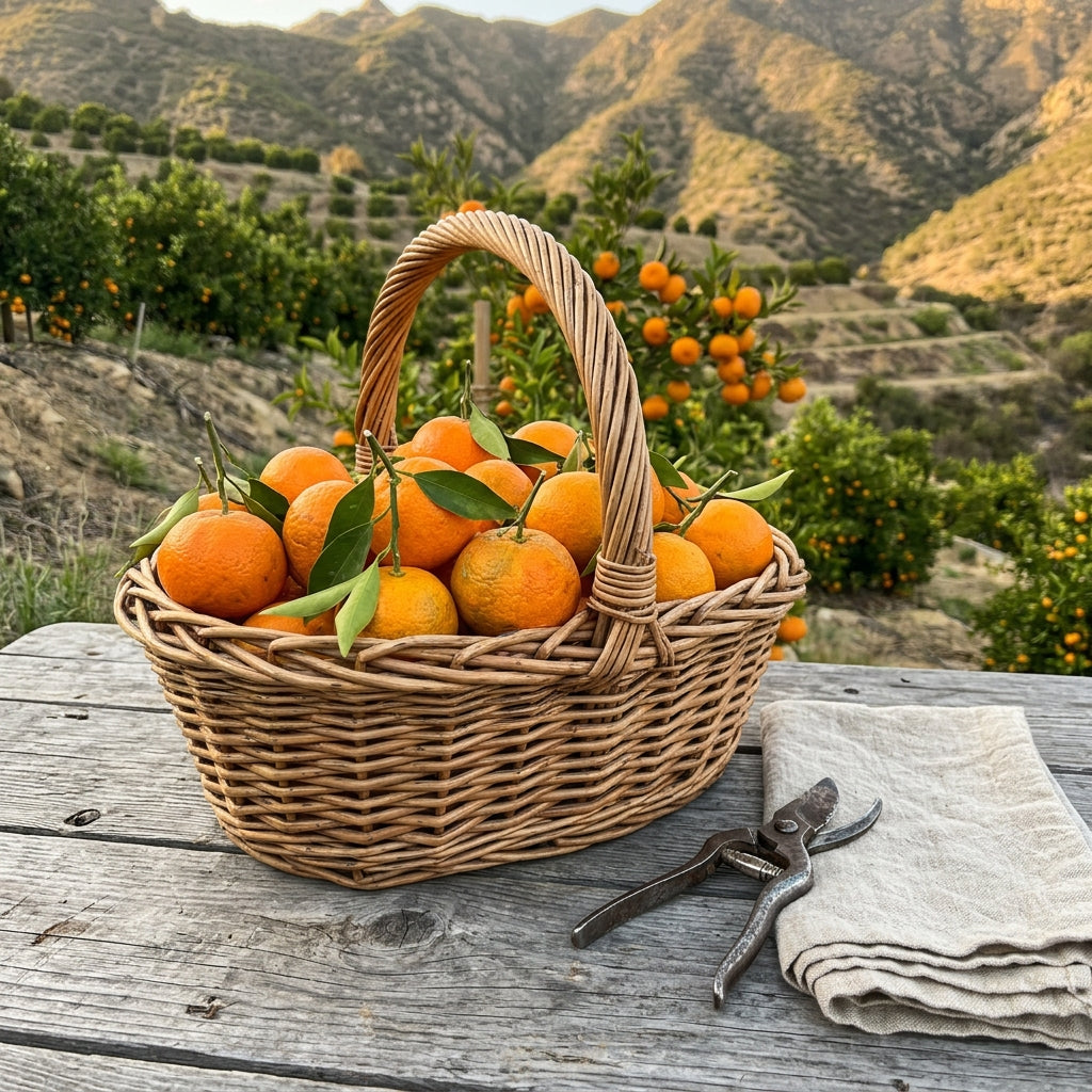 Basket of freshly picked Satsuma mandarins with leaves at the edge of the grove
