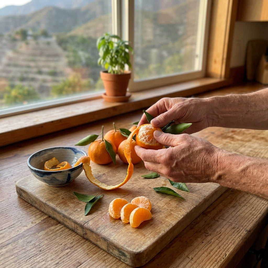 Hands peeling a Satsuma mandarin in one piece on a wooden cutting board