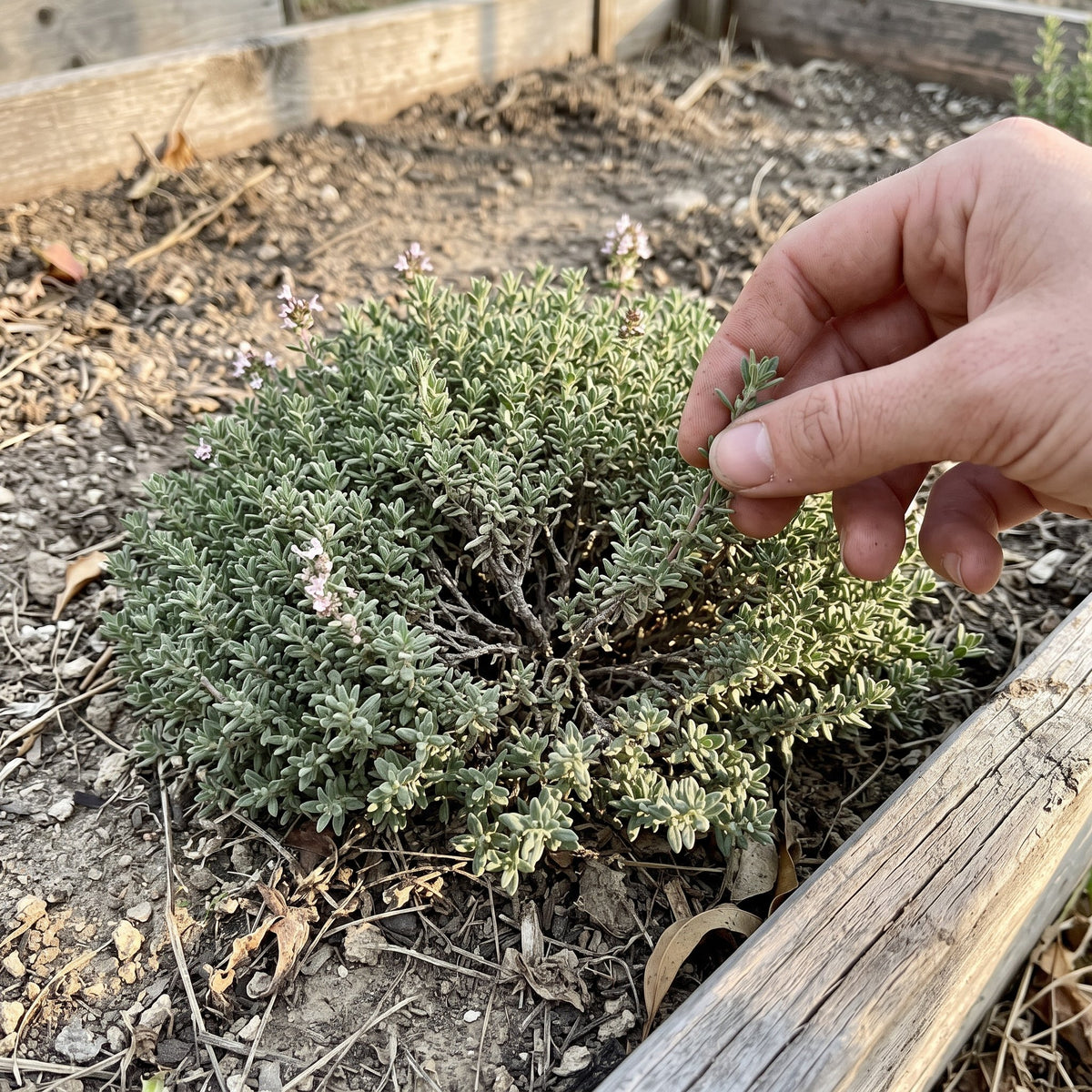 Pinching thyme sprigs in the garden bed
