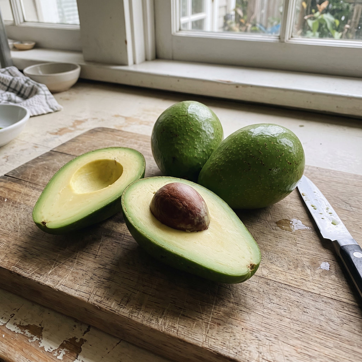 Zutano avocado cut open on a cutting board