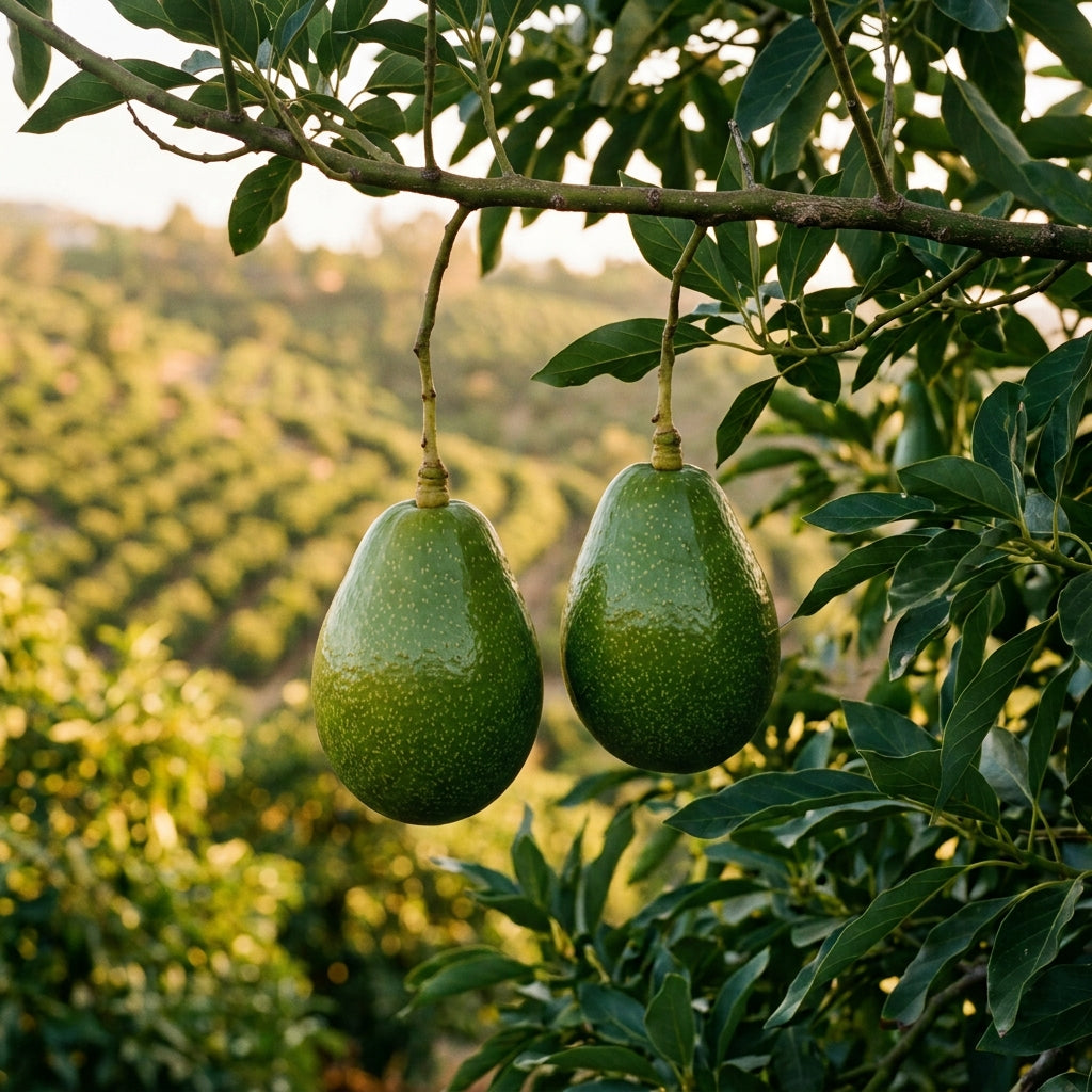 Zutano avocados hanging on the tree above the grove at Zephyr Mountain